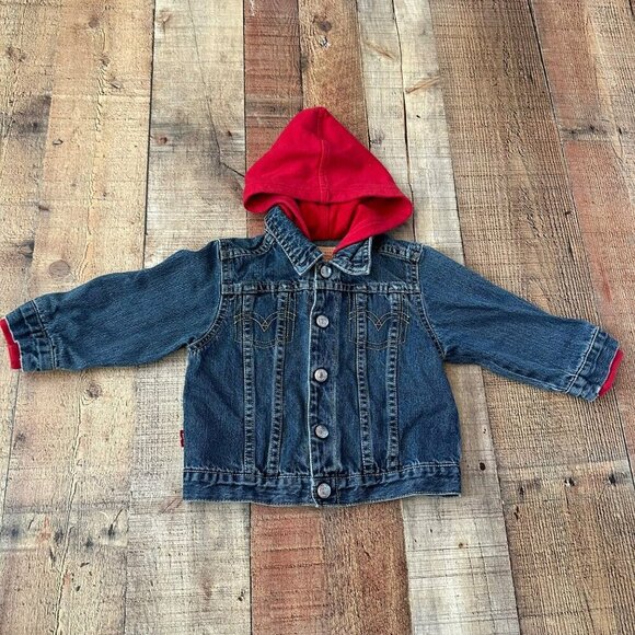 Levis Baby Denim Jacket with Red Hood Size 18M 100 Percent Cotton My First Levis - Picture 1 of 6